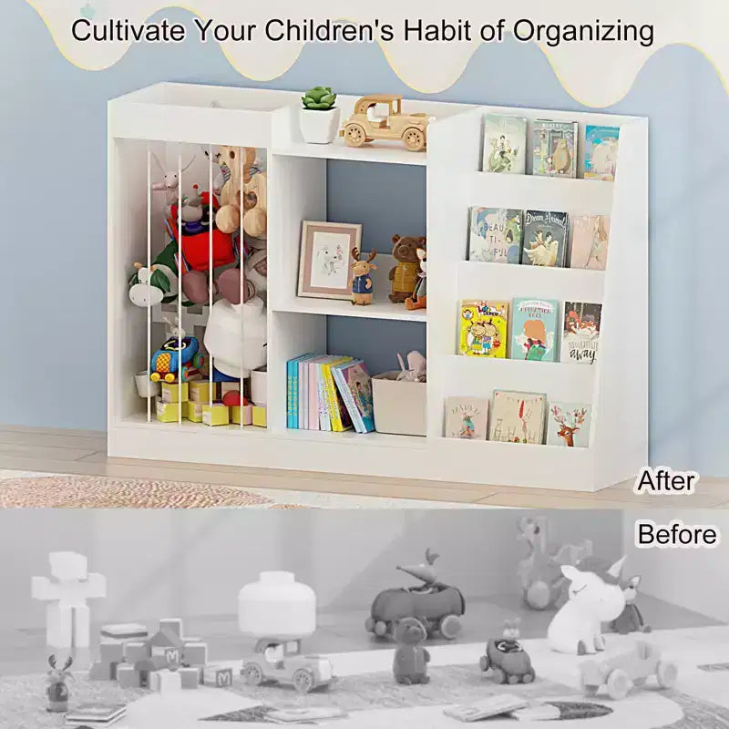 Libreria per bambini e organizer per giocattoli, espositore a 4 ripiani per libri con 3 ripiani per giocattoli e contenitore per animali di peluche, bianco