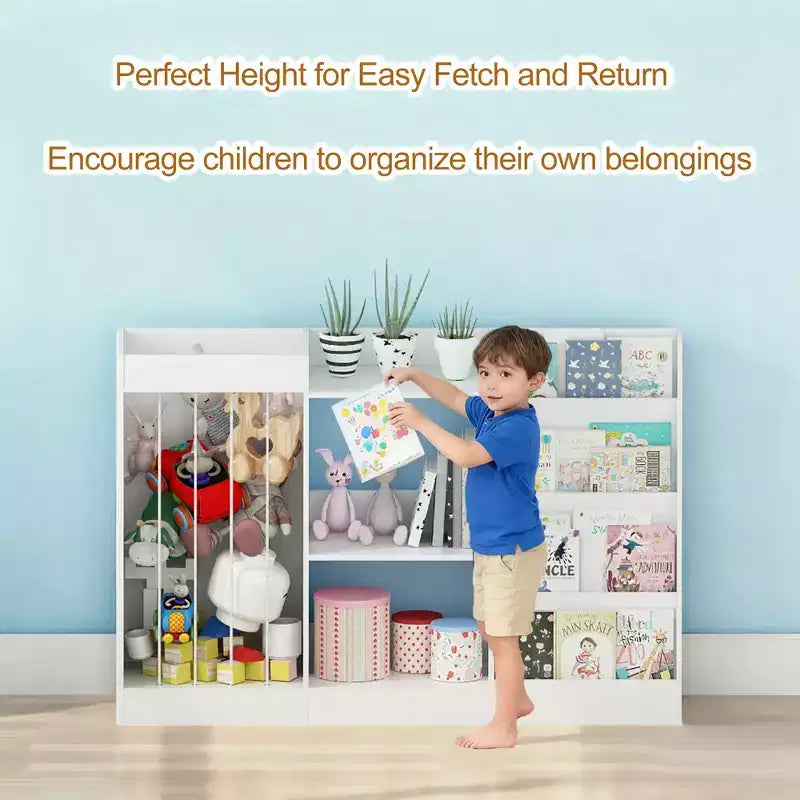 Libreria per bambini e organizer per giocattoli, espositore a 4 ripiani per libri con 3 ripiani per giocattoli e contenitore per animali di peluche, bianco