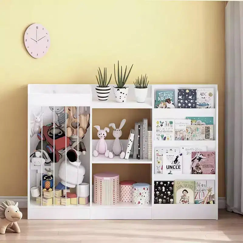 Libreria per bambini e organizer per giocattoli, espositore a 4 ripiani per libri con 3 ripiani per giocattoli e contenitore per animali di peluche, bianco
