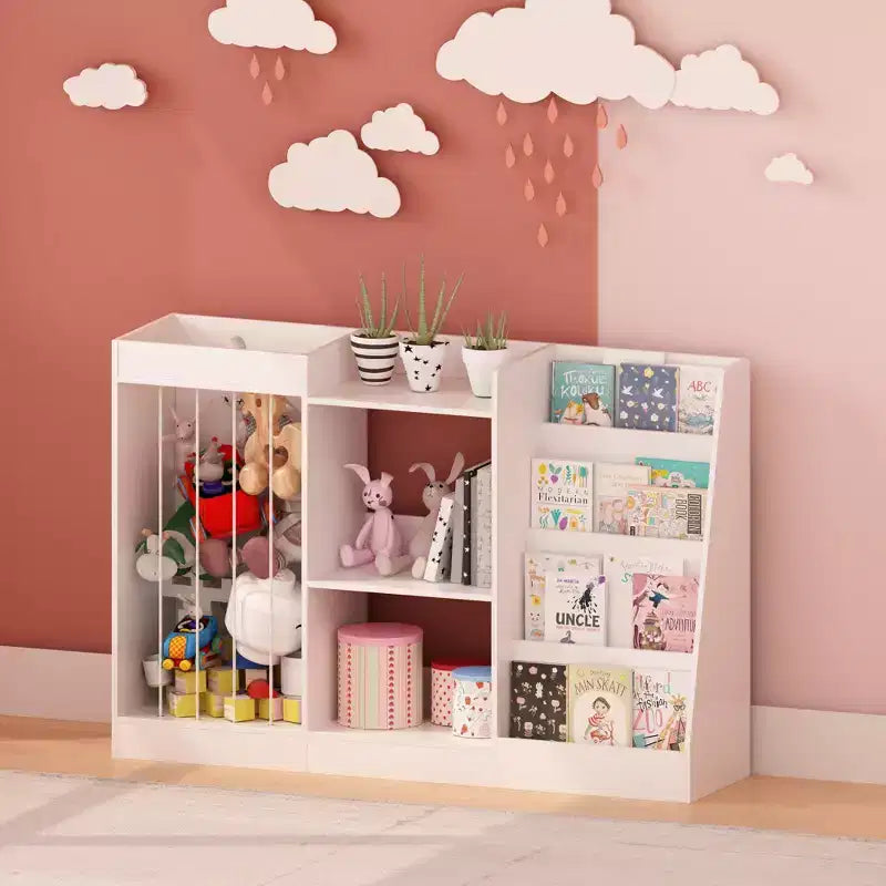 Libreria per bambini e organizer per giocattoli, espositore a 4 ripiani per libri con 3 ripiani per giocattoli e contenitore per animali di peluche, bianco