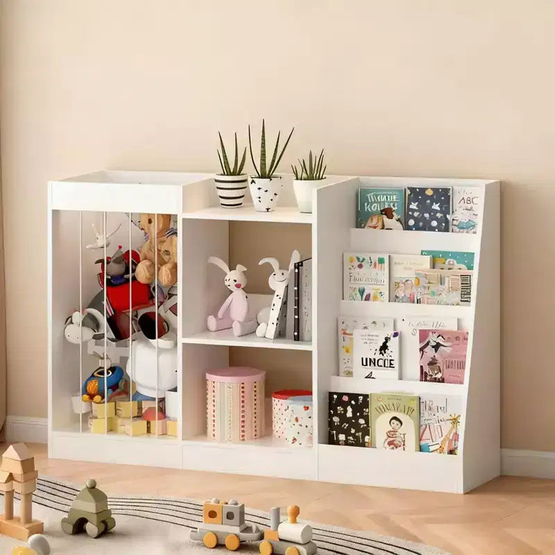 Libreria per bambini e organizer per giocattoli, espositore a 4 ripiani per libri con 3 ripiani per giocattoli e contenitore per animali di peluche, bianco