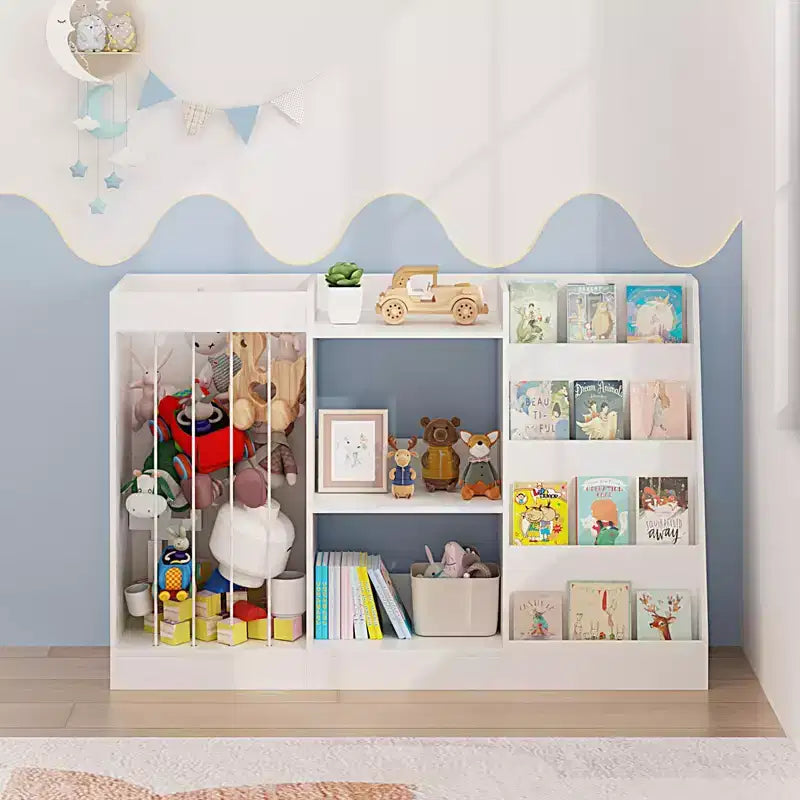 Libreria per bambini e organizer per giocattoli, espositore a 4 ripiani per libri con 3 ripiani per giocattoli e contenitore per animali di peluche, bianco