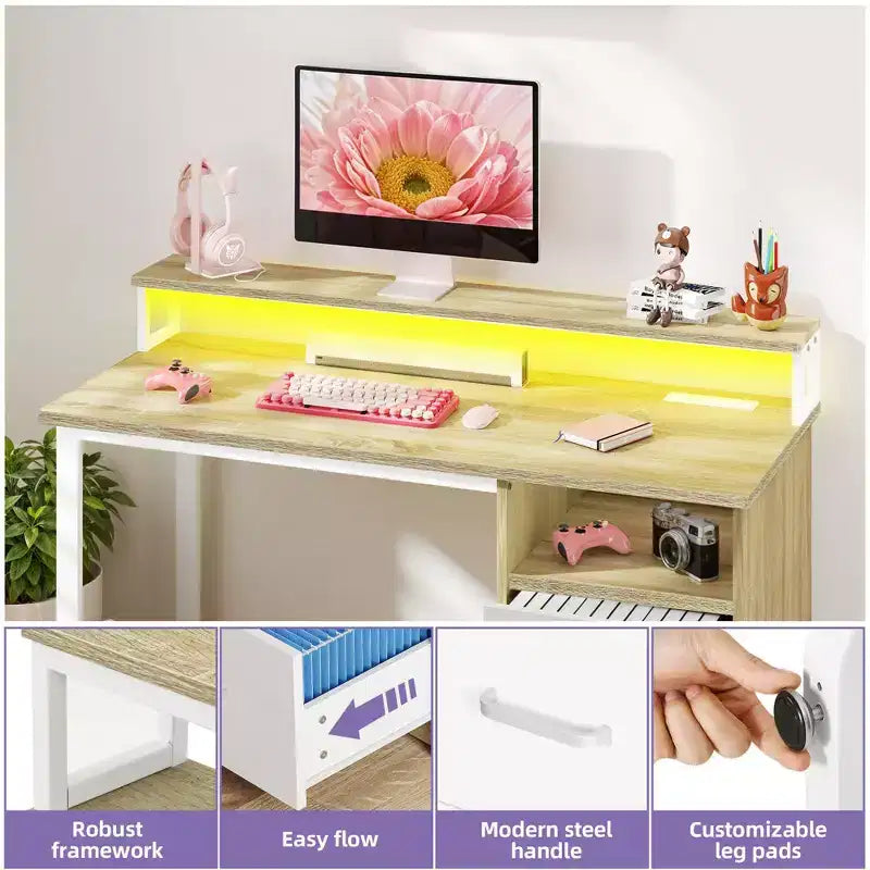 Scrivania da ufficio moderna bianca e rovere con mobile contenitore e scaffali, tavolo da gaming per computer con luce LED e stazione di ricarica