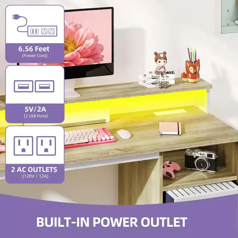 Scrivania da ufficio moderna bianca e rovere con mobile contenitore e scaffali, tavolo da gaming per computer con luce LED e stazione di ricarica