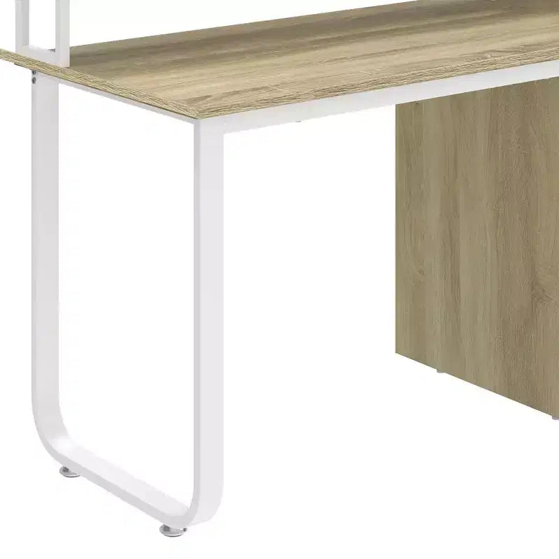 Scrivania da ufficio moderna bianca e rovere con mobile contenitore e scaffali, tavolo da gaming per computer con luce LED e stazione di ricarica