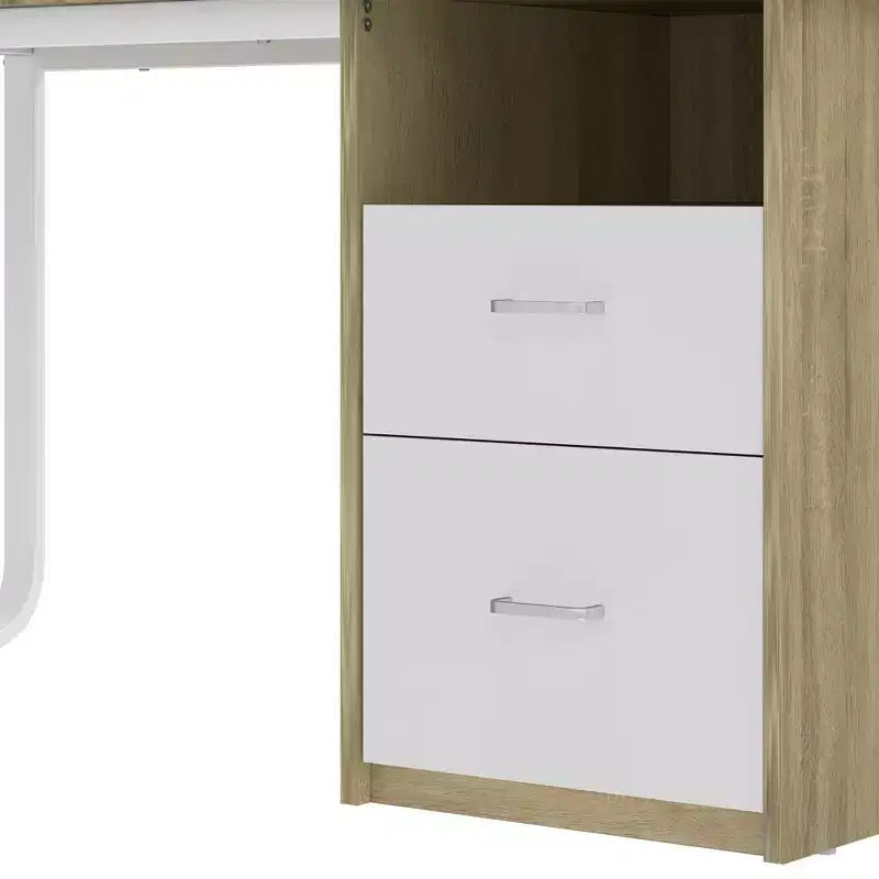 Scrivania da ufficio moderna bianca e rovere con mobile contenitore e scaffali, tavolo da gaming per computer con luce LED e stazione di ricarica