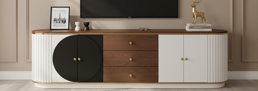 JVNOXK 70.8-inch Modern Minimalist TV Stand Fits TVs up to 80 inches Features 3 drawers and 1 shelf Metal handles Ideal for living rooms White