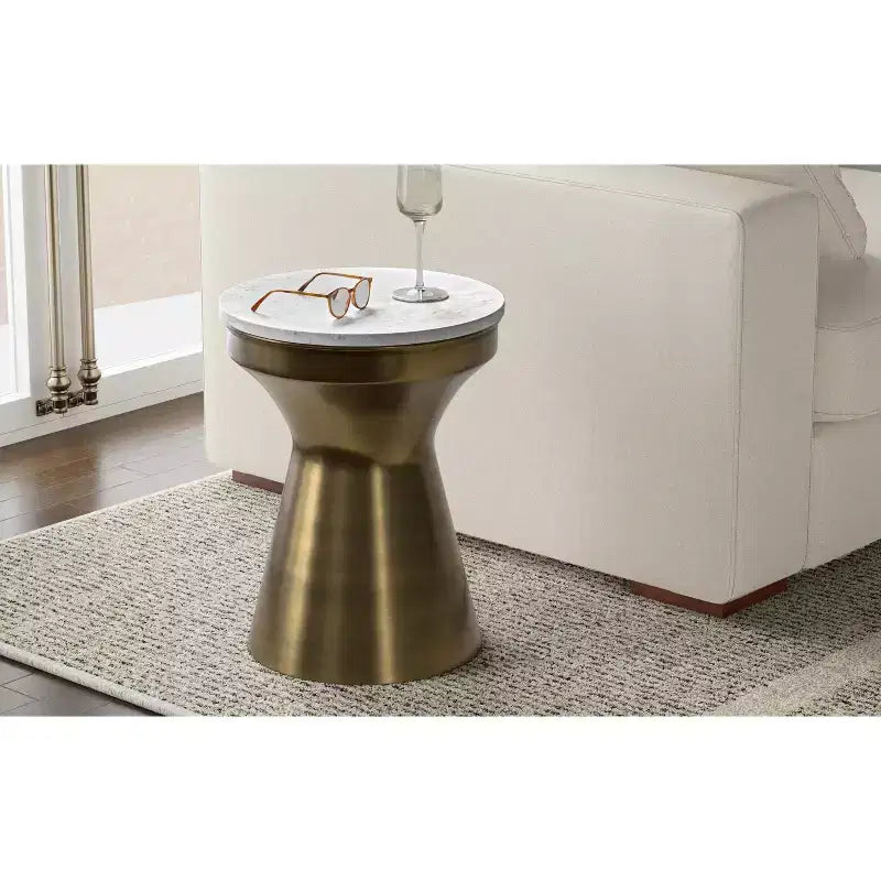 Tavolino Moderno Contemporaneo in Metallo Largo 35 cm, Bianco / Ottone Antico, Completamente Assemblato