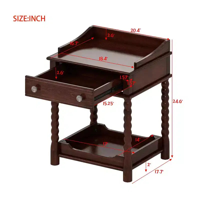 Comodino in stile retrò con cassetto, ripiano aperto, gambe tornite, maniglia in metallo per camera da letto, noce