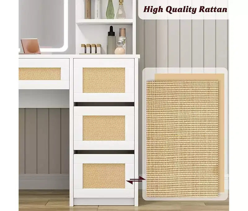 Toeletta, Scrivania Trucco con Specchio e Luce LED Regolabile, Spazio Contenitore con 4 Cassetti e 2 Ripiani Aperti per Camera da Letto, Bianco