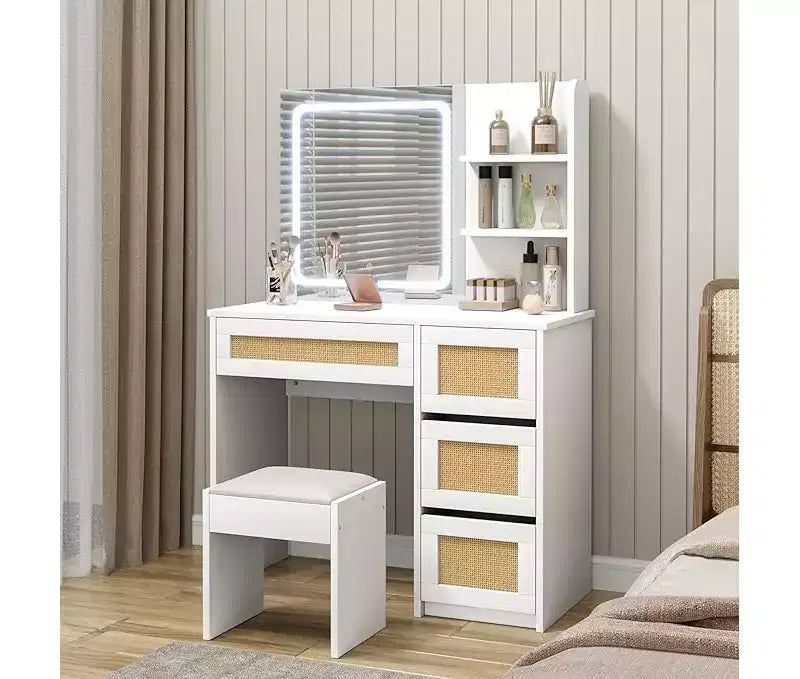 Toeletta, Scrivania Trucco con Specchio e Luce LED Regolabile, Spazio Contenitore con 4 Cassetti e 2 Ripiani Aperti per Camera da Letto, Bianco
