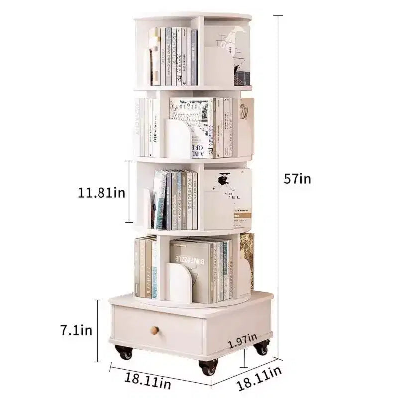 Libreria girevole a 360° con contenitore, Scaffale angolare a 4 ripiani da terra per piccoli spazi, Libreria mobile con ruote per ufficio a casa
