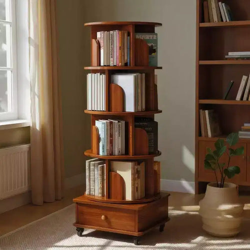 Libreria girevole a 360° con contenitore, Scaffale angolare a 4 ripiani da terra per piccoli spazi, Libreria mobile con ruote per ufficio a casa