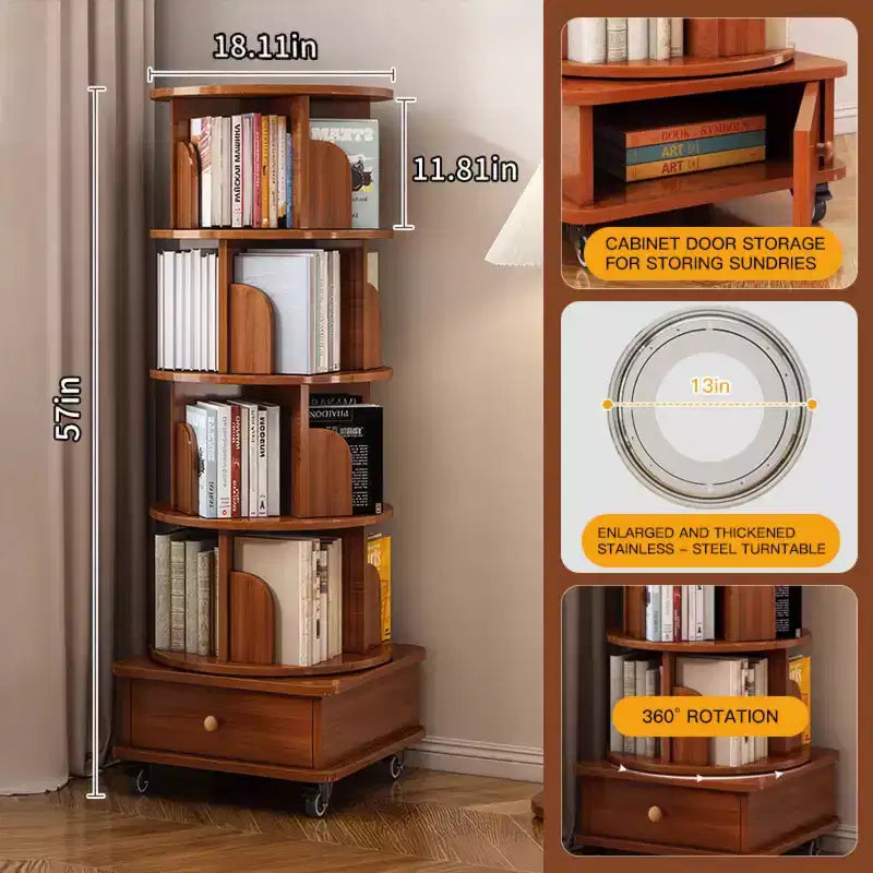 Libreria girevole a 360° con contenitore, Scaffale angolare a 4 ripiani da terra per piccoli spazi, Libreria mobile con ruote per ufficio a casa