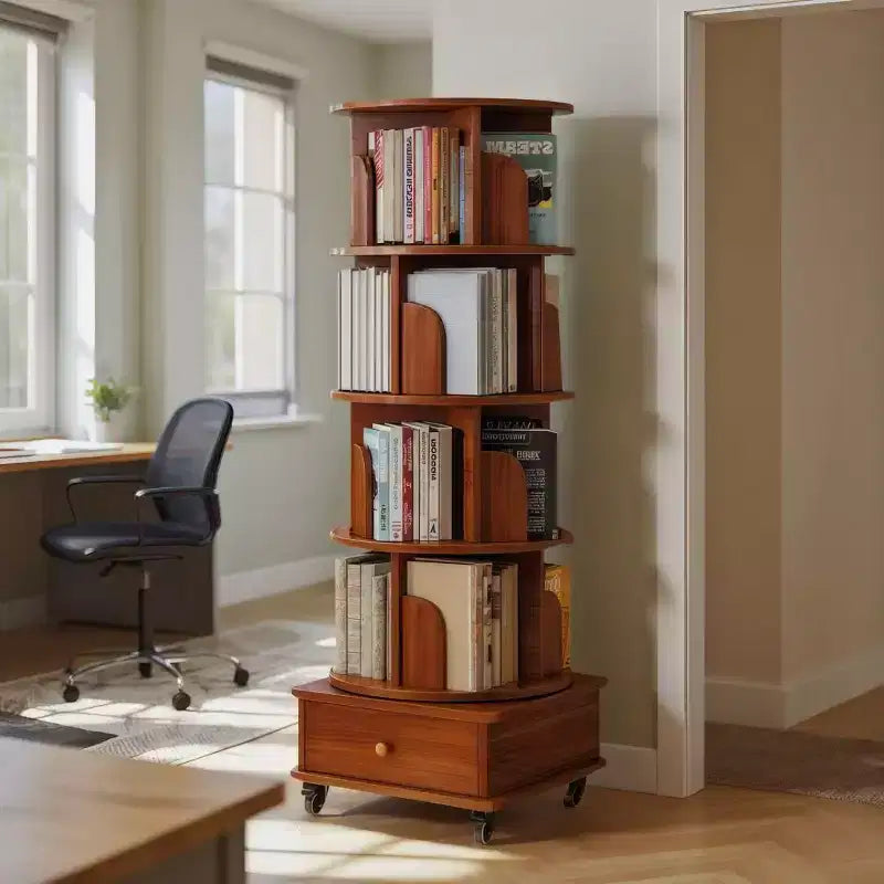 360 Rotating Bookshelf with Storage, Floor-Standing 4-Tier Corner Shelf for Small Spaces, Mobile Bookcase with Wheels for Home Office-Panipeachy