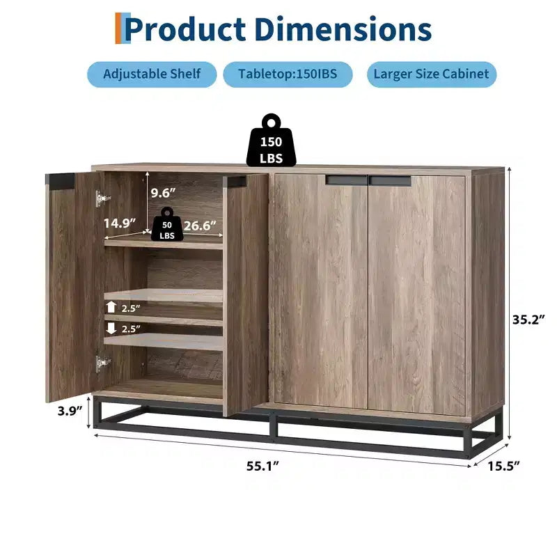 Credenza Buffet da 140 cm con Ante e Ripiani Regolabili, Mobile Contenitore da Cucina