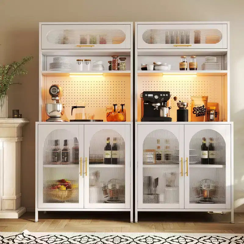 Dispensa da cucina in metallo a 5 ripiani, illuminata a LED, con ripiani regolabili e credenza superiore, per cucina/sala da pranzo