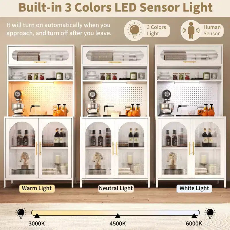 Dispensa da cucina in metallo a 5 ripiani, illuminata a LED, con ripiani regolabili e credenza superiore, per cucina/sala da pranzo