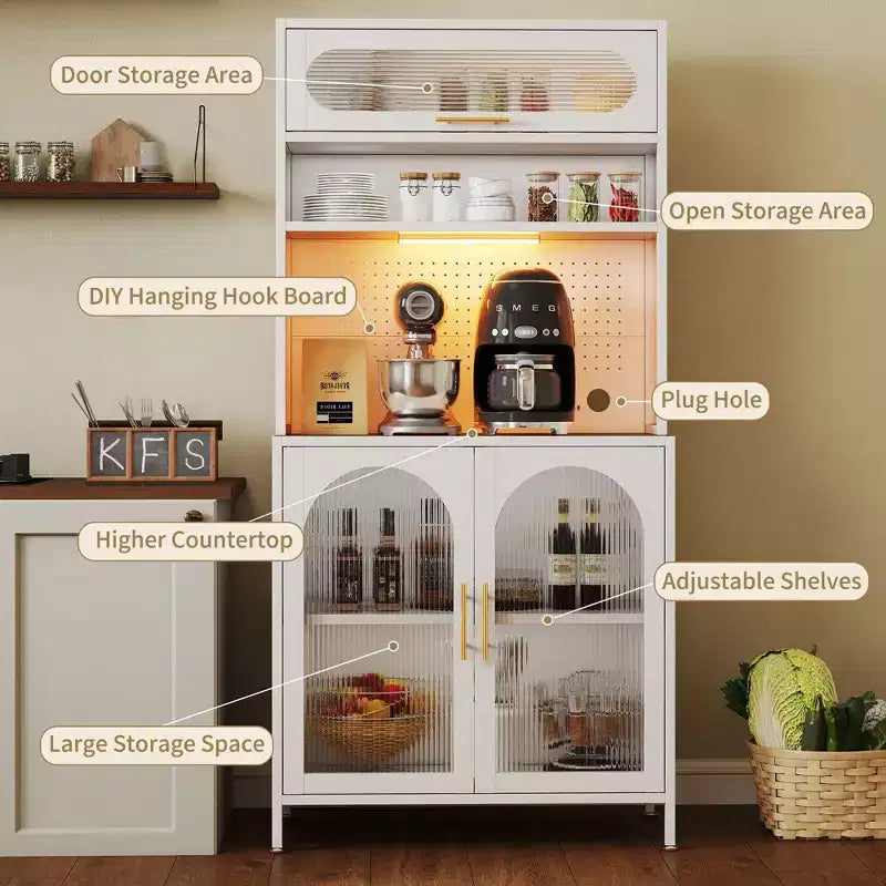 Dispensa da cucina in metallo a 5 ripiani, illuminata a LED, con ripiani regolabili e credenza superiore, per cucina/sala da pranzo