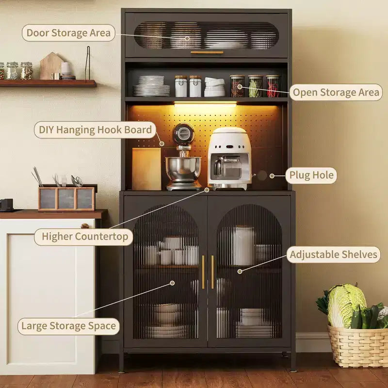 Dispensa da cucina in metallo a 5 ripiani, illuminata a LED, con ripiani regolabili e credenza superiore, per cucina/sala da pranzo