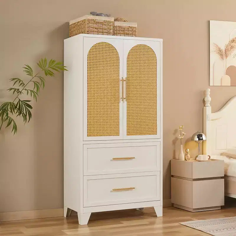 Bekrvio 65 Rattan Armoire Wardrobe Closet with 2 Drawers, 2 Door, Hanging Rod Metal Clothing Storage Cabinet Large Tall Wicker Bedroom Armoire, White