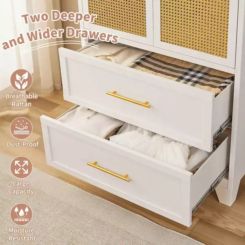 Armadio Guardaroba in Rattan 65" con 2 Cassetti, 2 Ante, Asta Appendiabiti, Mobile Contenitore in Metallo, Armadio Grande Alto in Vimini per Camera da Letto, Bianco