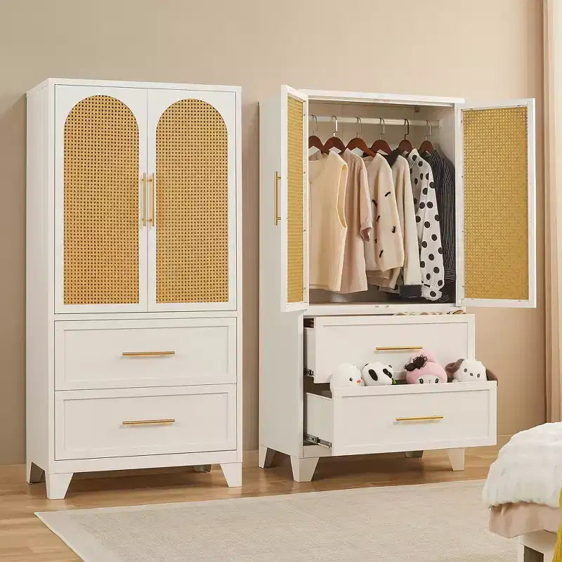 Armadio Guardaroba in Rattan 65" con 2 Cassetti, 2 Ante, Asta Appendiabiti, Mobile Contenitore in Metallo, Armadio Grande Alto in Vimini per Camera da Letto, Bianco