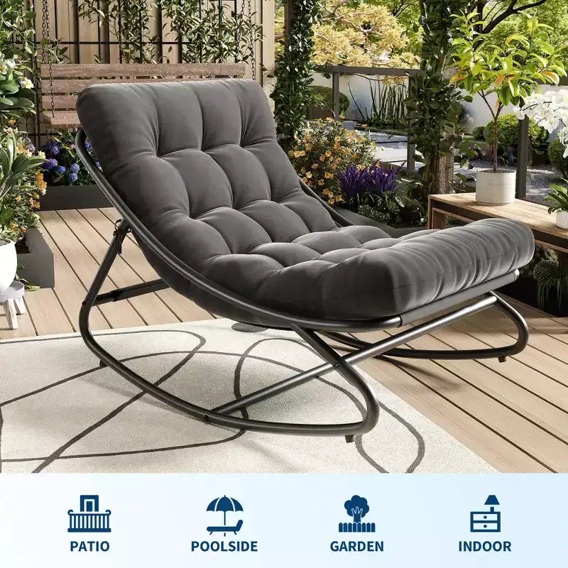 Sedia a dondolo da esterno per patio, moderna e accogliente con cuscini spessi per balcone, portico o patio, robusta struttura in metallo