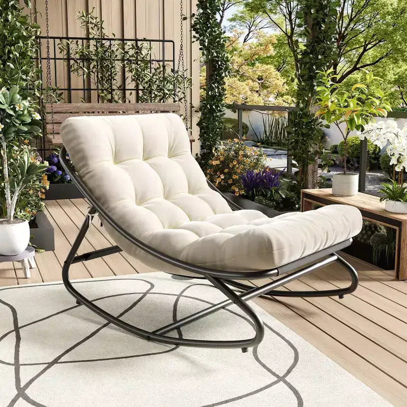 Sedia a dondolo da esterno per patio, moderna e accogliente con cuscini spessi per balcone, portico o patio, robusta struttura in metallo
