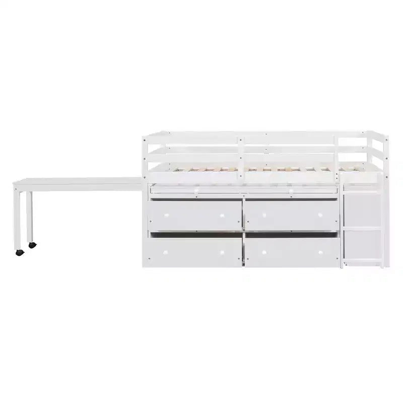 Letto a soppalco basso con scrivania estraibile, struttura letto salvaspazio in legno con 4 cassetti e 4 ripiani