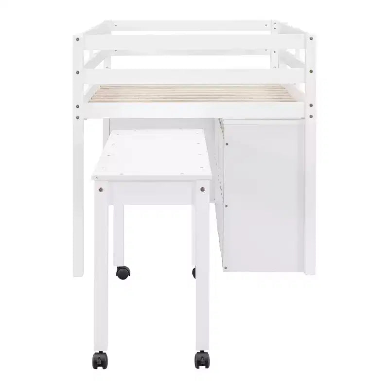 Letto a soppalco basso con scrivania estraibile, struttura letto salvaspazio in legno con 4 cassetti e 4 ripiani