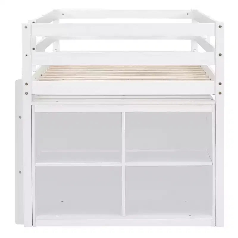 Letto a soppalco basso con scrivania estraibile, struttura letto salvaspazio in legno con 4 cassetti e 4 ripiani