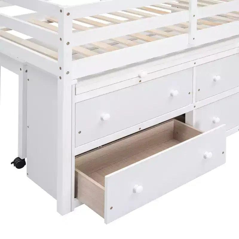 Letto a soppalco basso con scrivania estraibile, struttura letto salvaspazio in legno con 4 cassetti e 4 ripiani