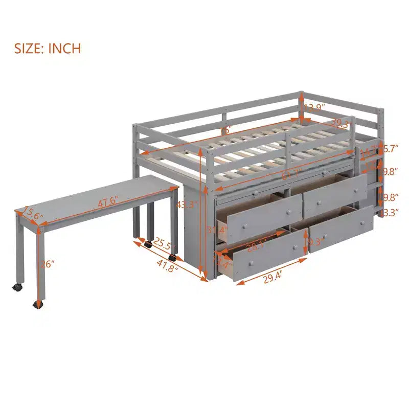 Letto a soppalco basso con scrivania estraibile, struttura letto salvaspazio in legno con 4 cassetti e 4 ripiani