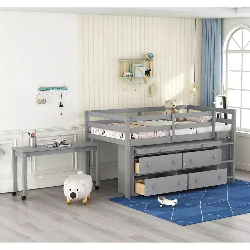 Bellemave Low Loft Bed with Retractable Desk, Space Saving Wooden Bed Frame with 4 Drawers & 4 Shelves