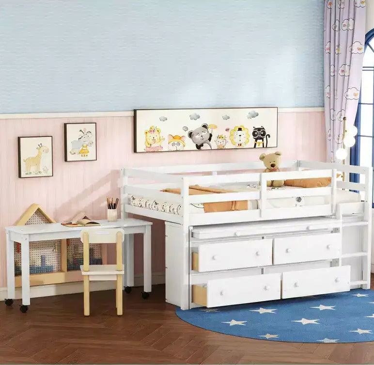 Letto a soppalco basso con scrivania estraibile, struttura letto salvaspazio in legno con 4 cassetti e 4 ripiani