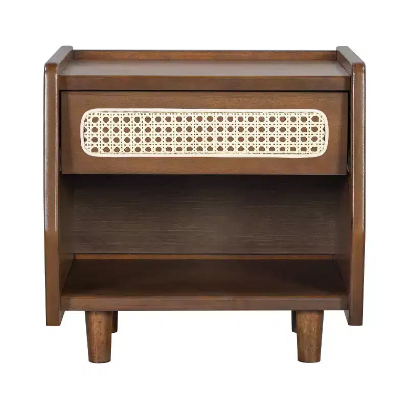Comodino Moderno in Rattan con 1 Ripiano Aperto e 1 Cassetto