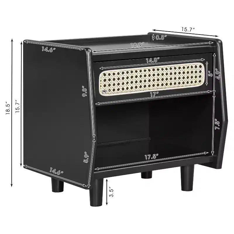 Comodino Moderno in Rattan con 1 Ripiano Aperto e 1 Cassetto