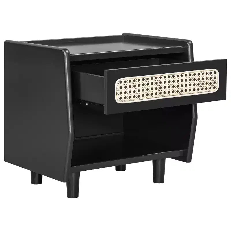Comodino Moderno in Rattan con 1 Ripiano Aperto e 1 Cassetto