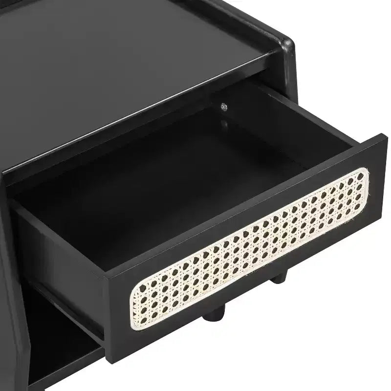 Comodino Moderno in Rattan con 1 Ripiano Aperto e 1 Cassetto