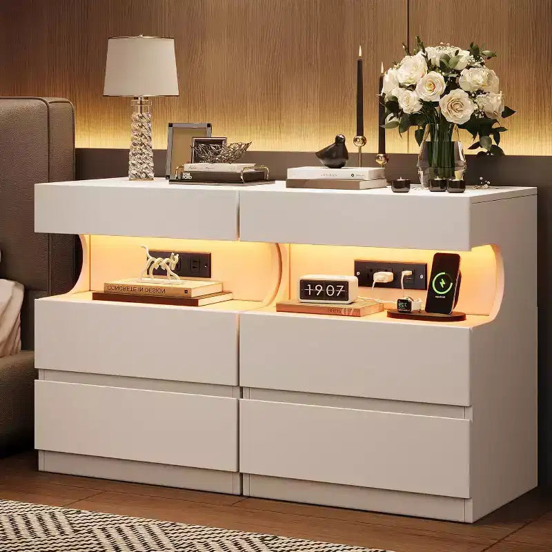 Comodino Bianco con Luce LED e Stazione di Ricarica - Comodino a 3 Cassetti con Porte USB