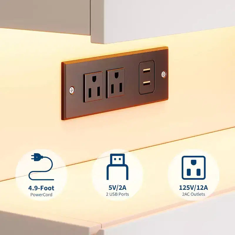 Comodino Bianco con Luce LED e Stazione di Ricarica - Comodino a 3 Cassetti con Porte USB