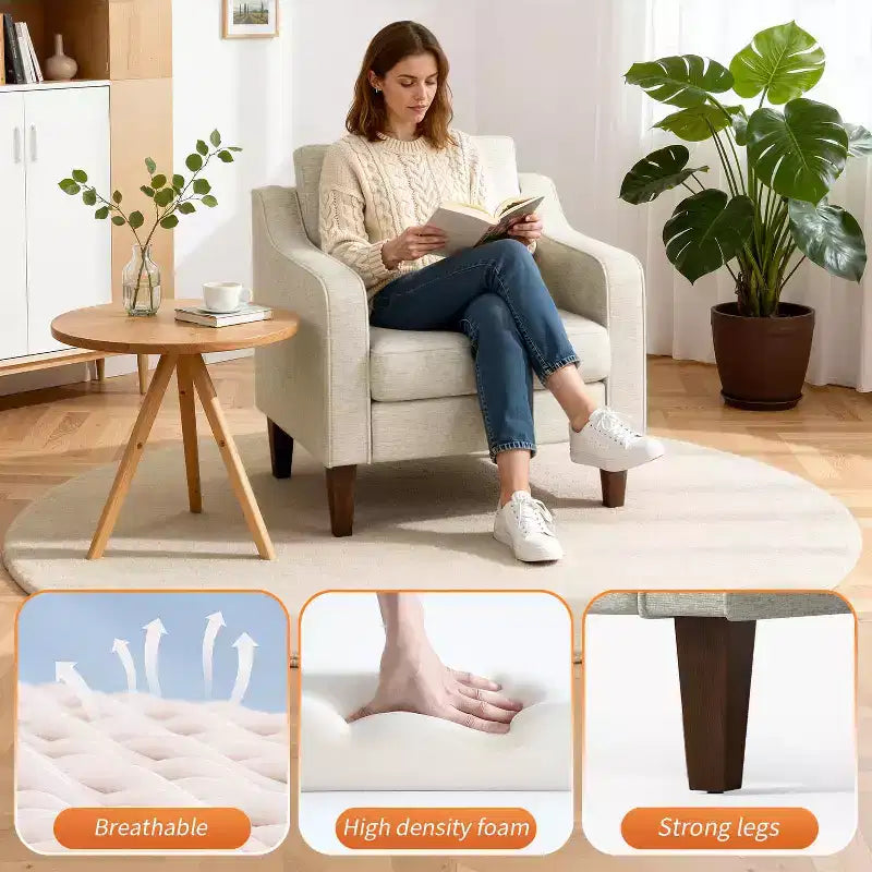Poltrona d'accento, poltroncina imbottita in tessuto di lino beige con braccioli a conchiglia, comoda poltrona singola per soggiorno, camera da letto, appartamento, ufficio