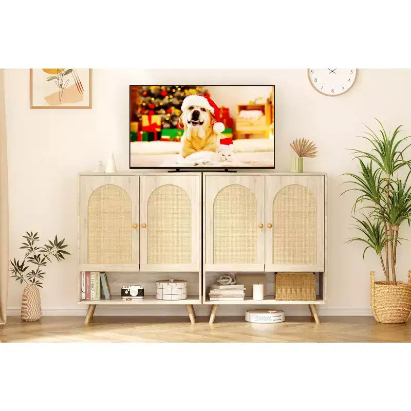 Organizzatore scarpiera, scarpiera in legno a 4 livelli con ripiani regolabili e ante in rattan, scarpiera sottile in rovere per ingresso e soggiorno