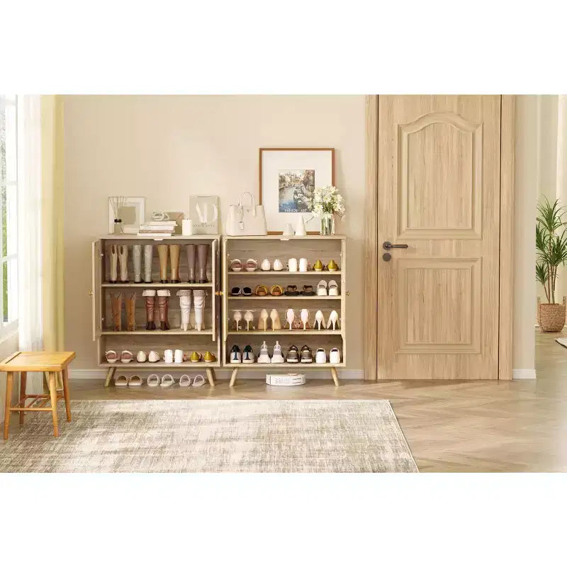 Organizzatore scarpiera, scarpiera in legno a 4 livelli con ripiani regolabili e ante in rattan, scarpiera sottile in rovere per ingresso e soggiorno