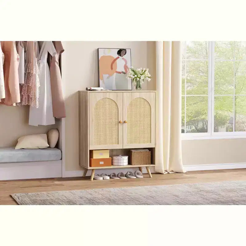 Organizzatore scarpiera, scarpiera in legno a 4 livelli con ripiani regolabili e ante in rattan, scarpiera sottile in rovere per ingresso e soggiorno