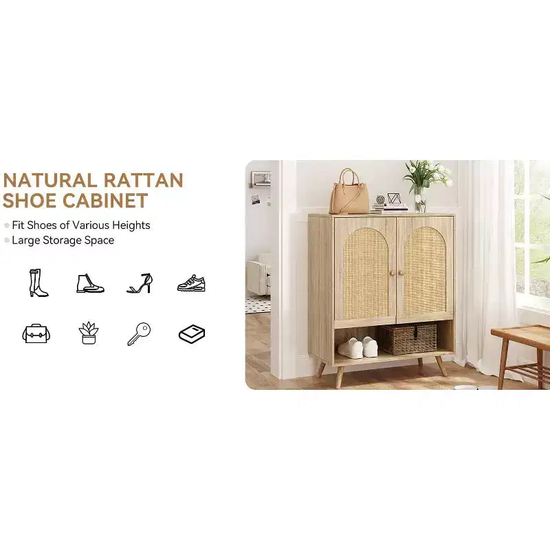 Organizzatore scarpiera, scarpiera in legno a 4 livelli con ripiani regolabili e ante in rattan, scarpiera sottile in rovere per ingresso e soggiorno