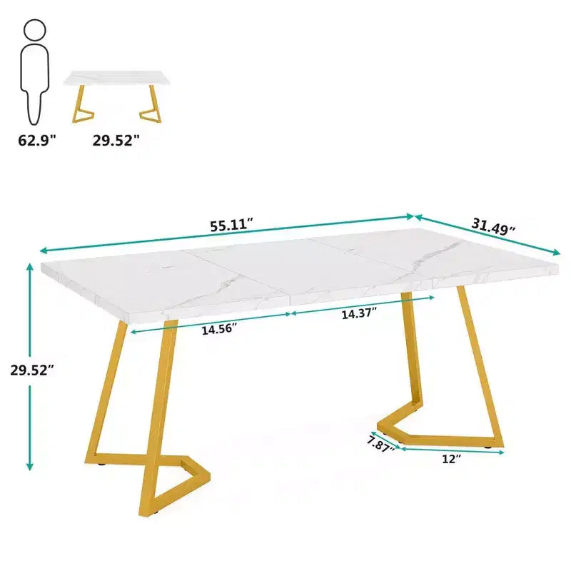 Tavolo da pranzo rettangolare moderno 55 pollici, bianco/oro