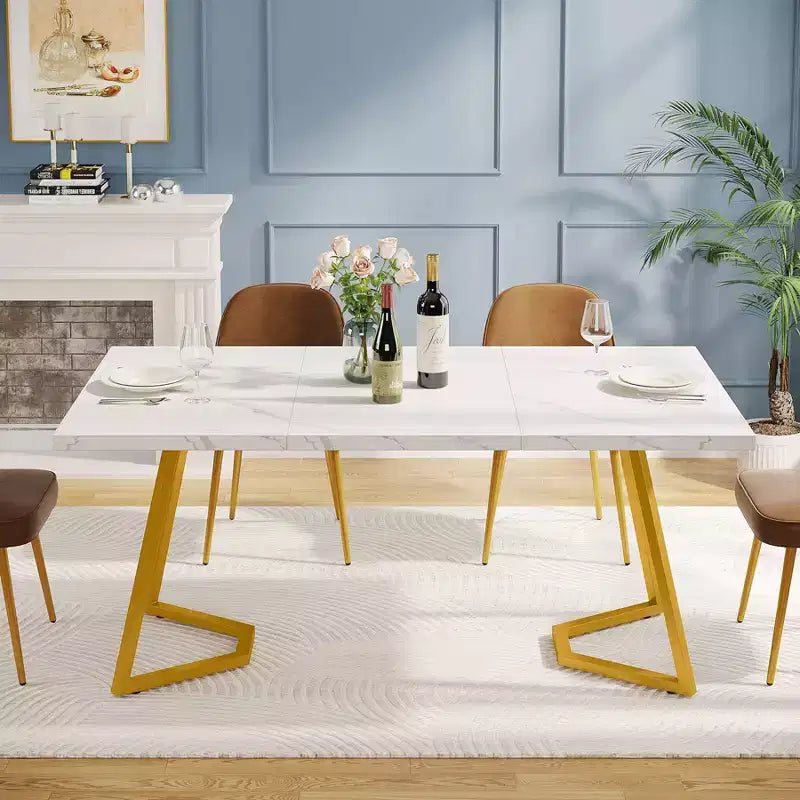 Tavolo da pranzo rettangolare moderno 55 pollici, bianco/oro
