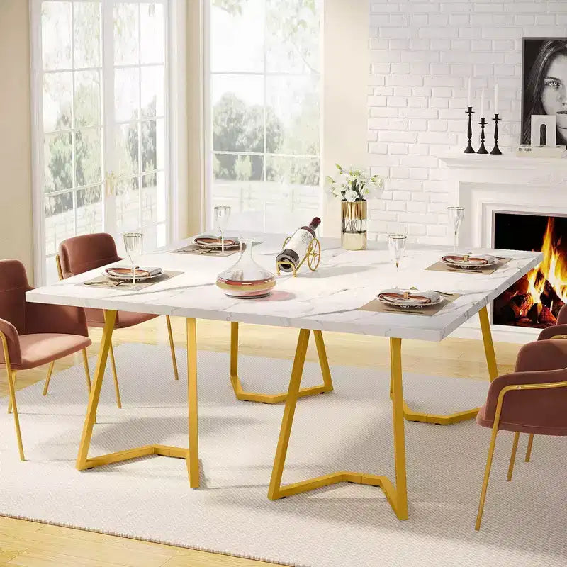 Tavolo da pranzo rettangolare moderno 55 pollici, bianco/oro